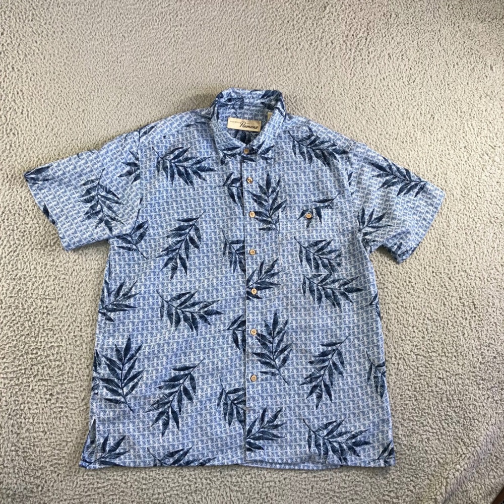 Penmans Button Up Shirt Men M Blue Tropical Leaf Print Short Sleeve Golf Casual